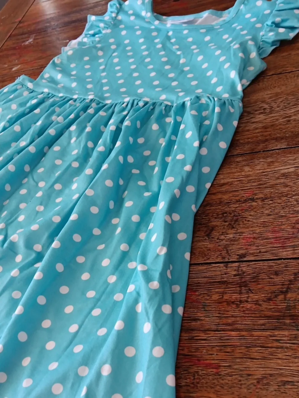 Girls' Aqua Polka Dot Dress with Ruffle Sleeves